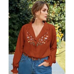 Shein Curve Rust Orange Floral Embroidered Ruffle Collar Blouse 1XL JIT19778093